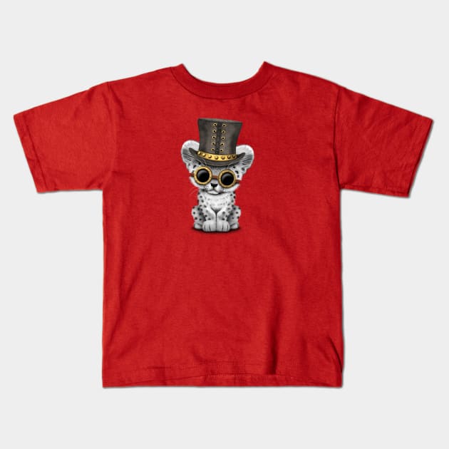 Steampunk Snow Leopard Cub Kids T-Shirt by jeffbartels